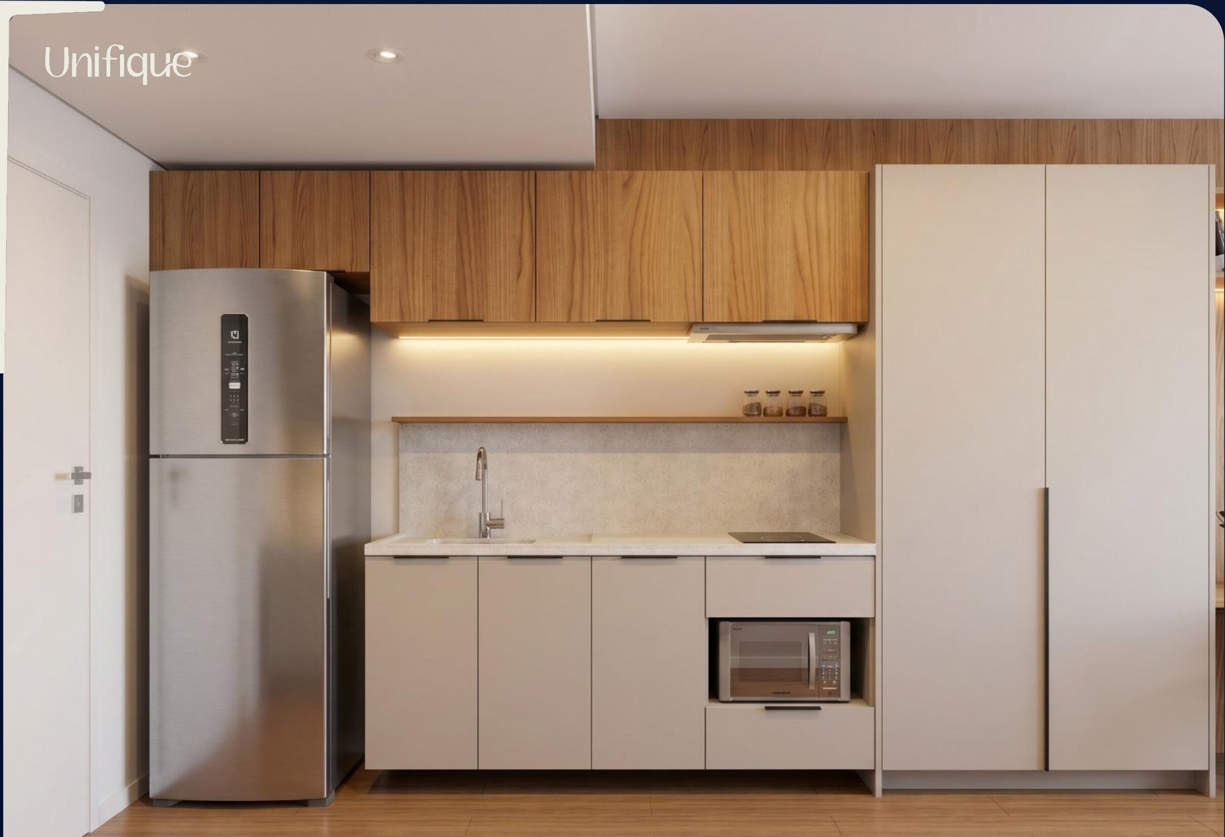 Cozinha do studio com marcenaria em madeira