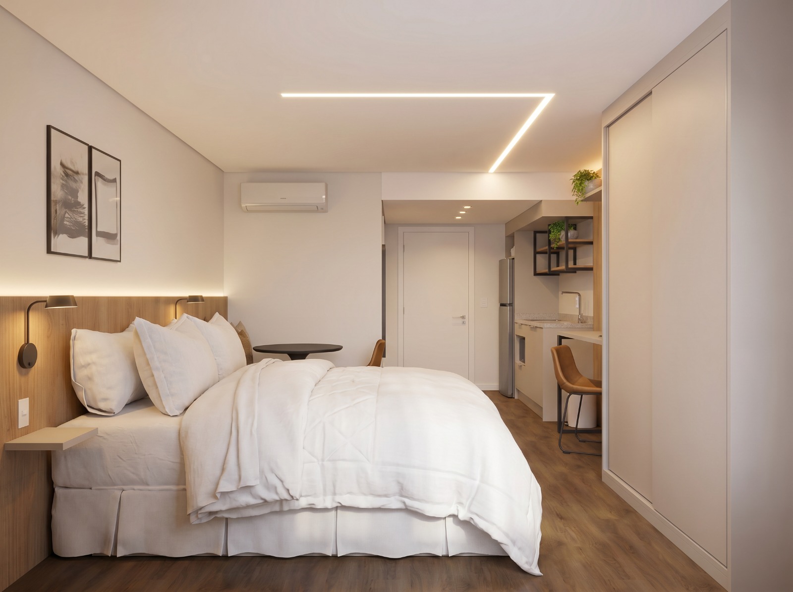 Quarto moderno com cama, cabeceira de madeira e iluminação embutida