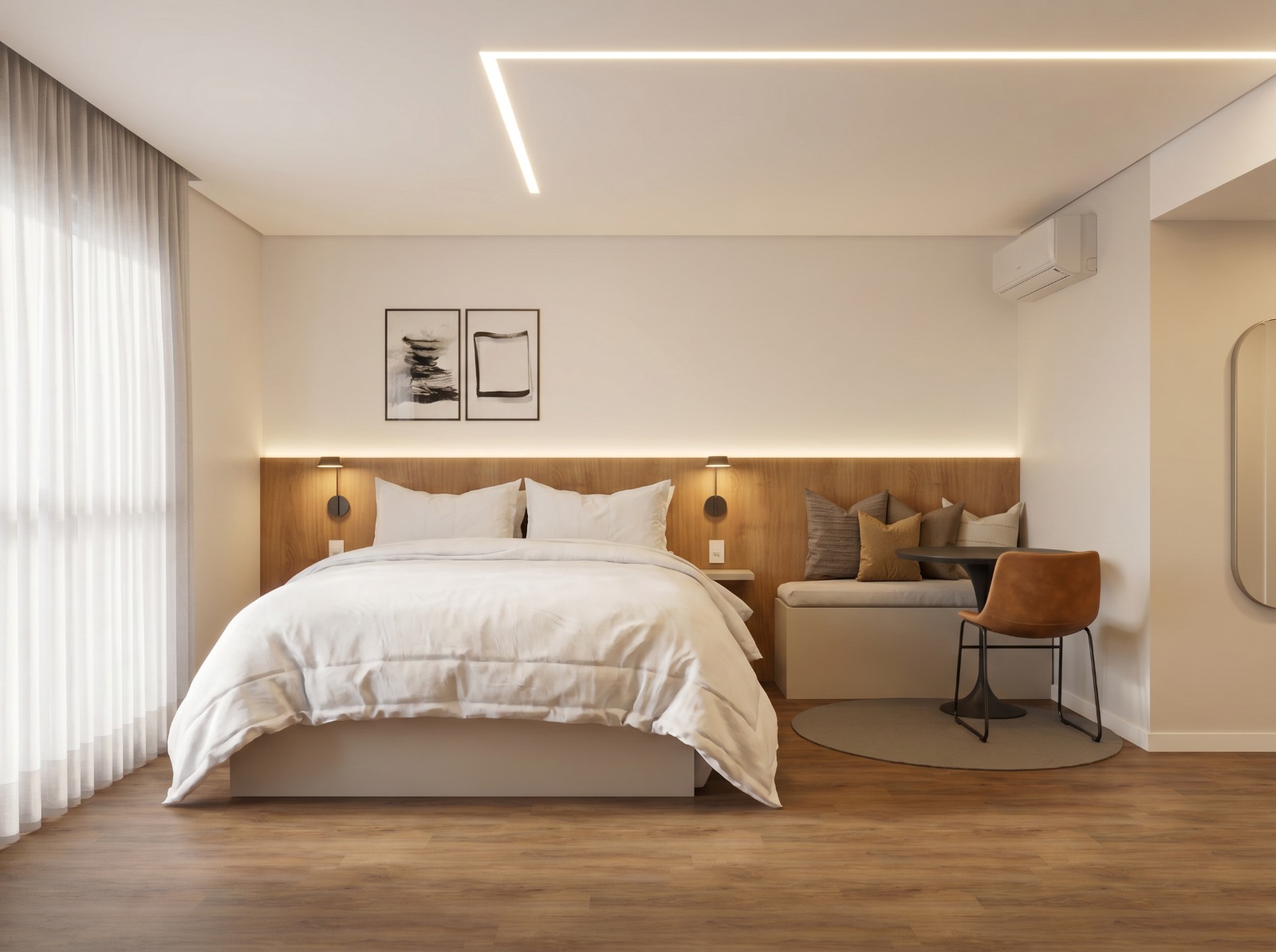 Studio Soul Tomasetto com cama, painel de madeira e iluminação embutida