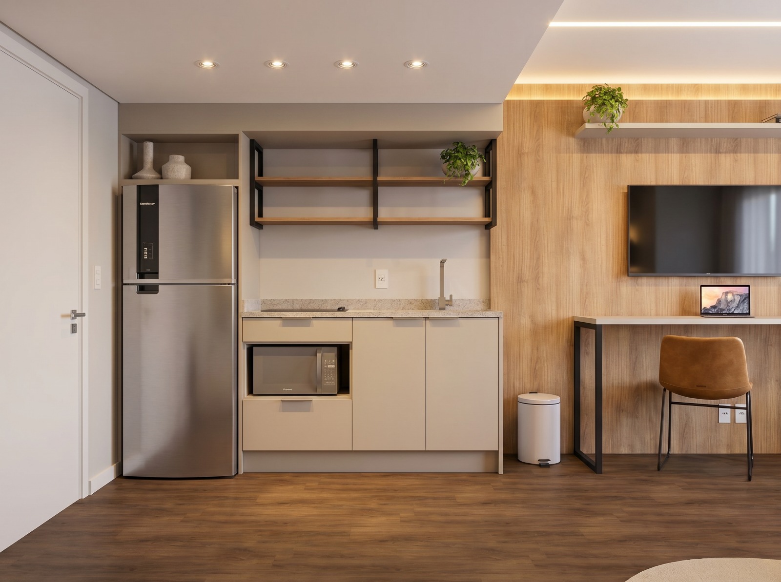 Cozinha do studio Soul com marcenaria clara e eletros