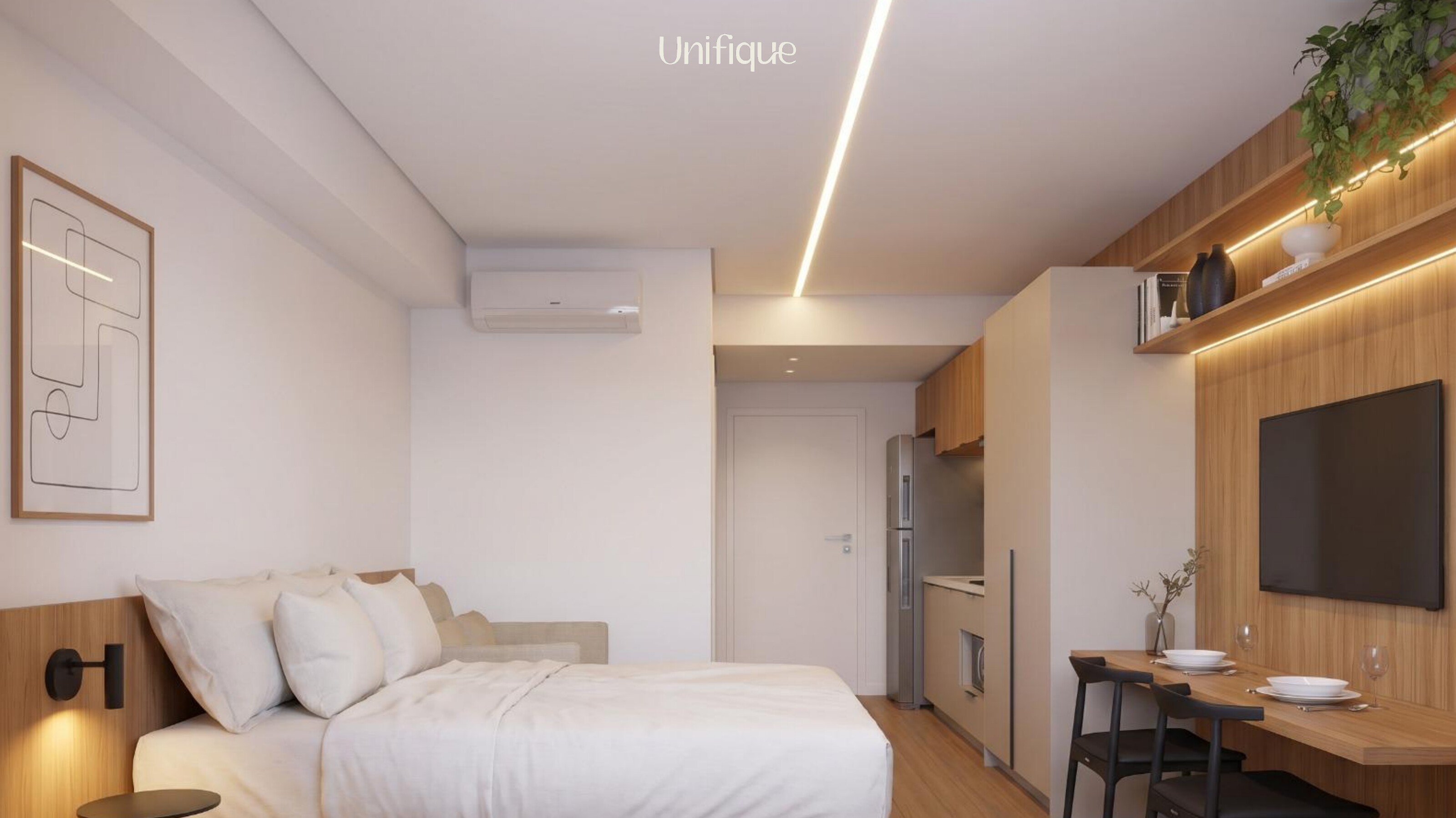 Studio Skyglass Cyrela com cozinha integrada, cama e área de jantar